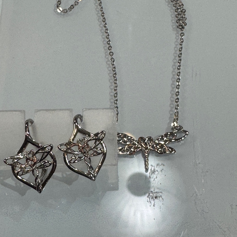 Elegant Silver Dragonfly Necklace ‎ &Earring Jewelry Set